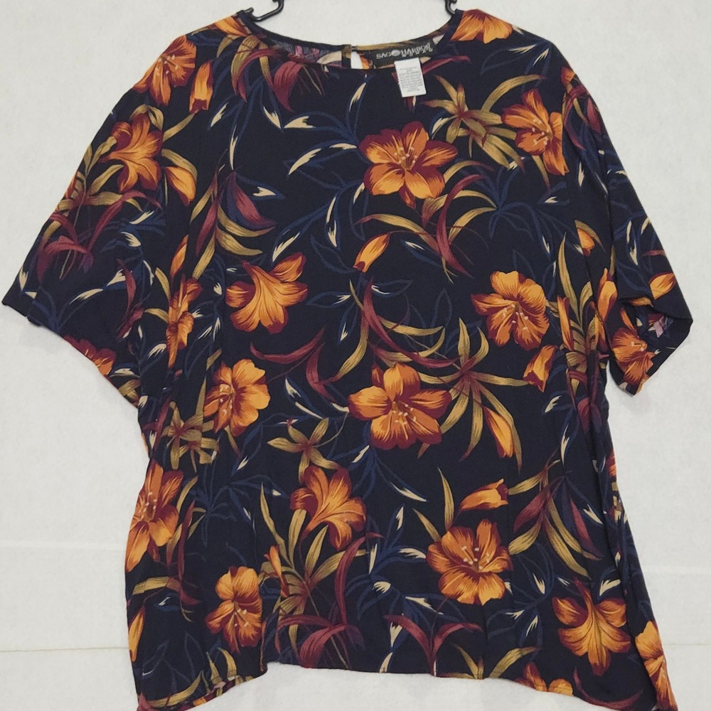 Sage Harbor Woman 2X Floral Print Navy Orange Yellow Red Rayon Top Blouse